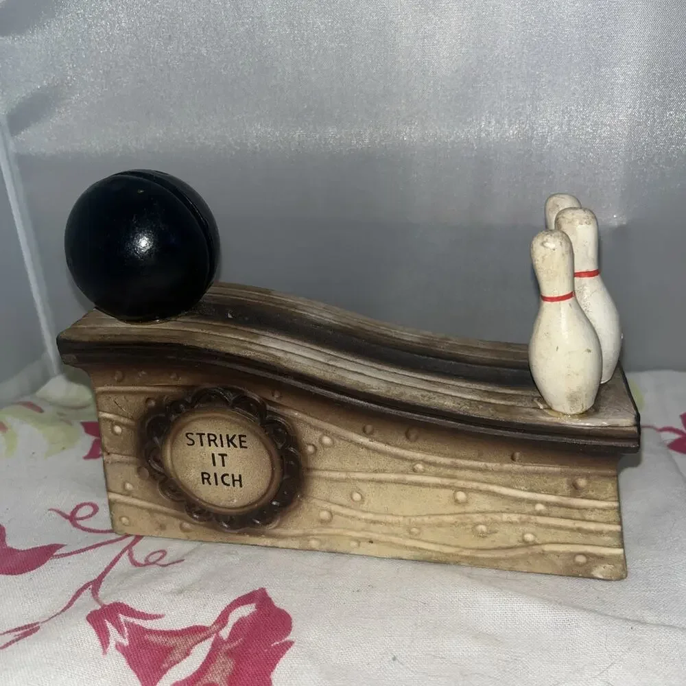 Bowling Strike it Rich Coin Bank Ceramic Hand Painted Mid Century